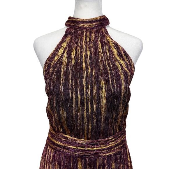 ML Monique Lhuillier Metallic Pleated Halter Midi Cocktail Dress Purple Gold 2 - Picture 5 of 14